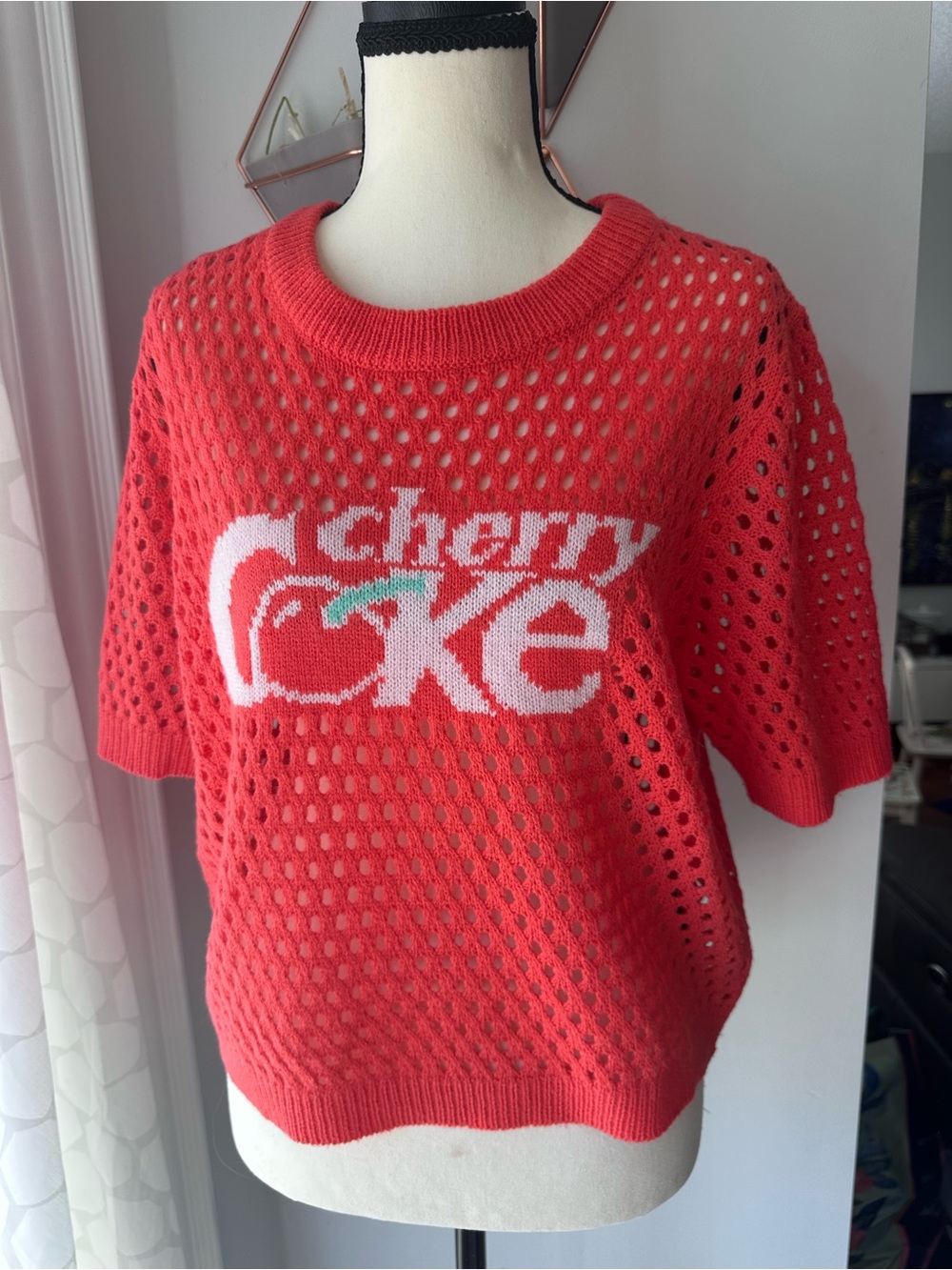 COCA COLA Cherry Coke Open-Knit Short Sleeve Crochet Sweater Crop Pink Red Sz XL